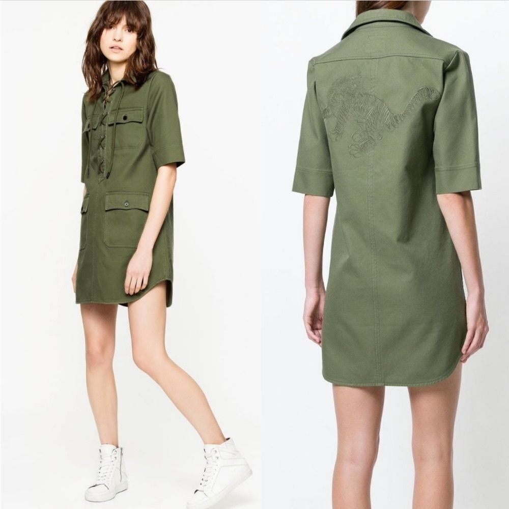 Zadig & Voltaire Tigre Dress M Olive Lace Up Military Embroidered Cotton